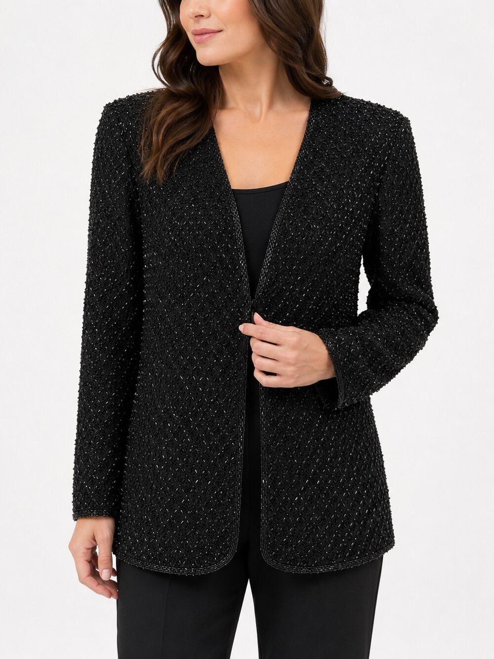 Vintage 1990s Black Tie Oleg Cassini Black Beaded Lined Evening Jacket 8 MOB MOG
